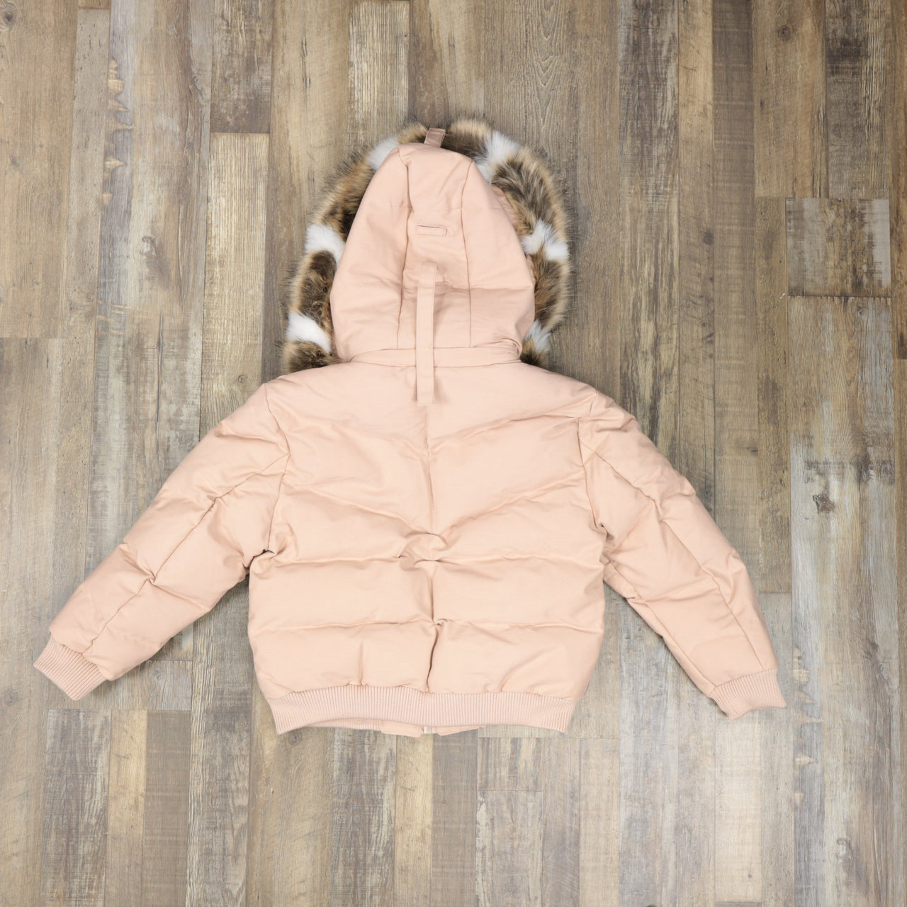back of the Youth Dusty Rose Bubble Puffer Parka Jacket With Removable Faux Fur Hood (Vegan Fur)