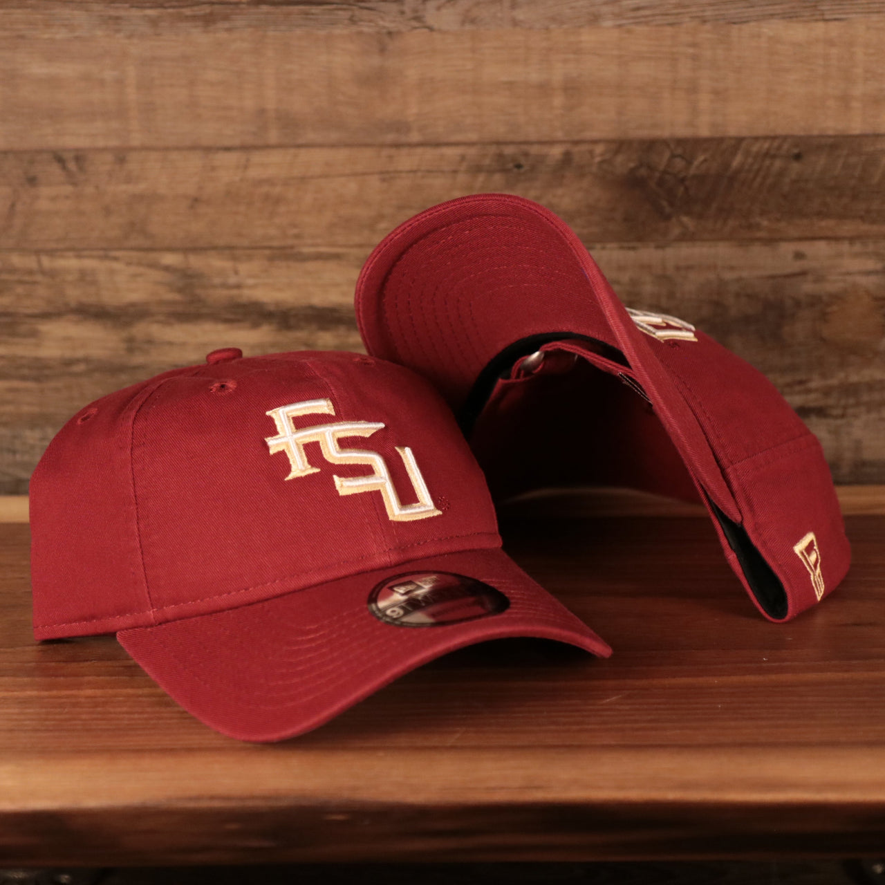 front and bottom of the Florida State Seminoles Maroon Adjustable 9Twenty Dad Hat