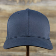 The front of the Jet Black Bent Brim Silver Bottom Blank FlexFit Cap | Black Flex Cap