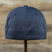 The backside of the Jet Black Bent Brim Silver Bottom Blank FlexFit Cap | Black Flex Cap