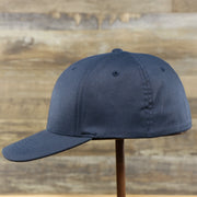 The wearer's left of the Jet Black Bent Brim Silver Bottom Blank FlexFit Cap | Black Flex Cap