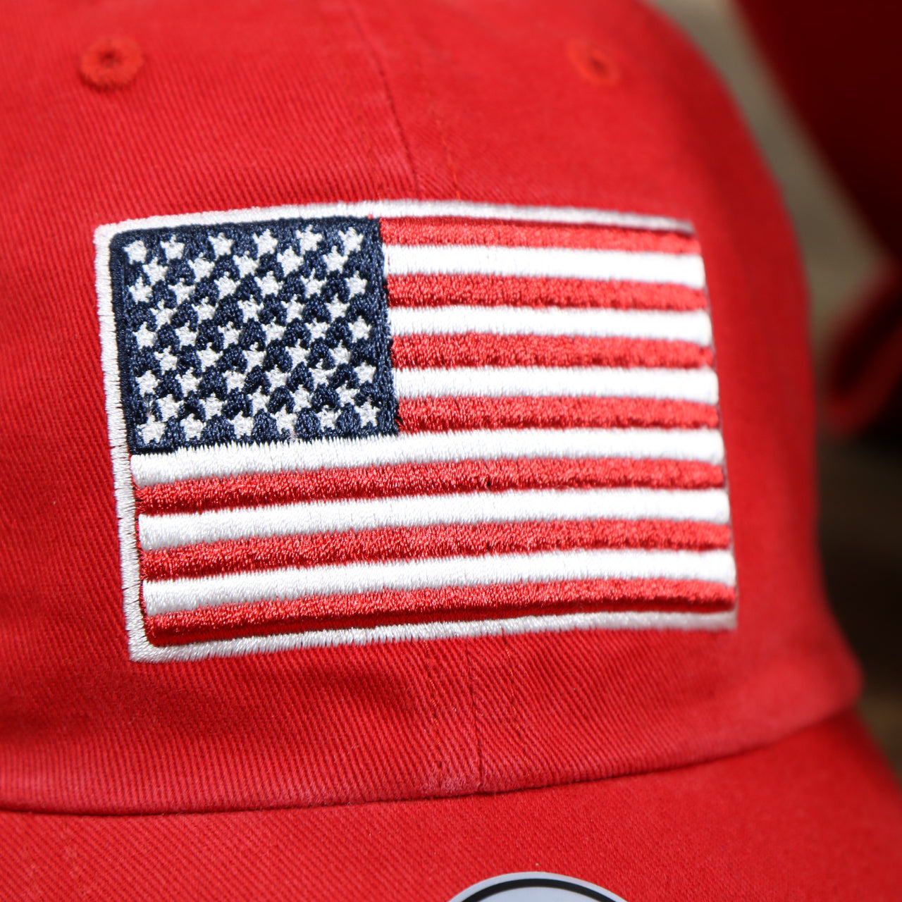 The US Flag on the Philadelphia Phillies SIde Patch USA Flag Front Logo Stars And Stripes Dad Hat | Red Dad Hat