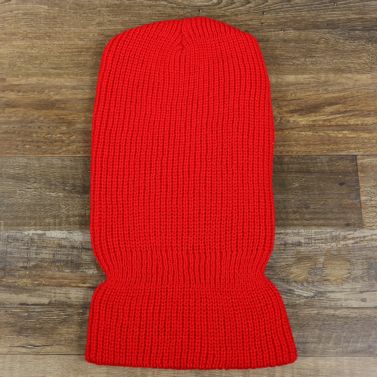 The backside of the Cardinal Red Blank Three Hole Winter Knit Ski Mask | Red Ski Mask