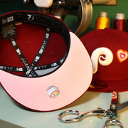 The Pink Undervisor on the Cooperstown Philadelphia Phillies All Over Embroidered Chain Stitch Heart Pink Bottom 59Fifty Fitted Cap | Maroon 59Fifty Cap