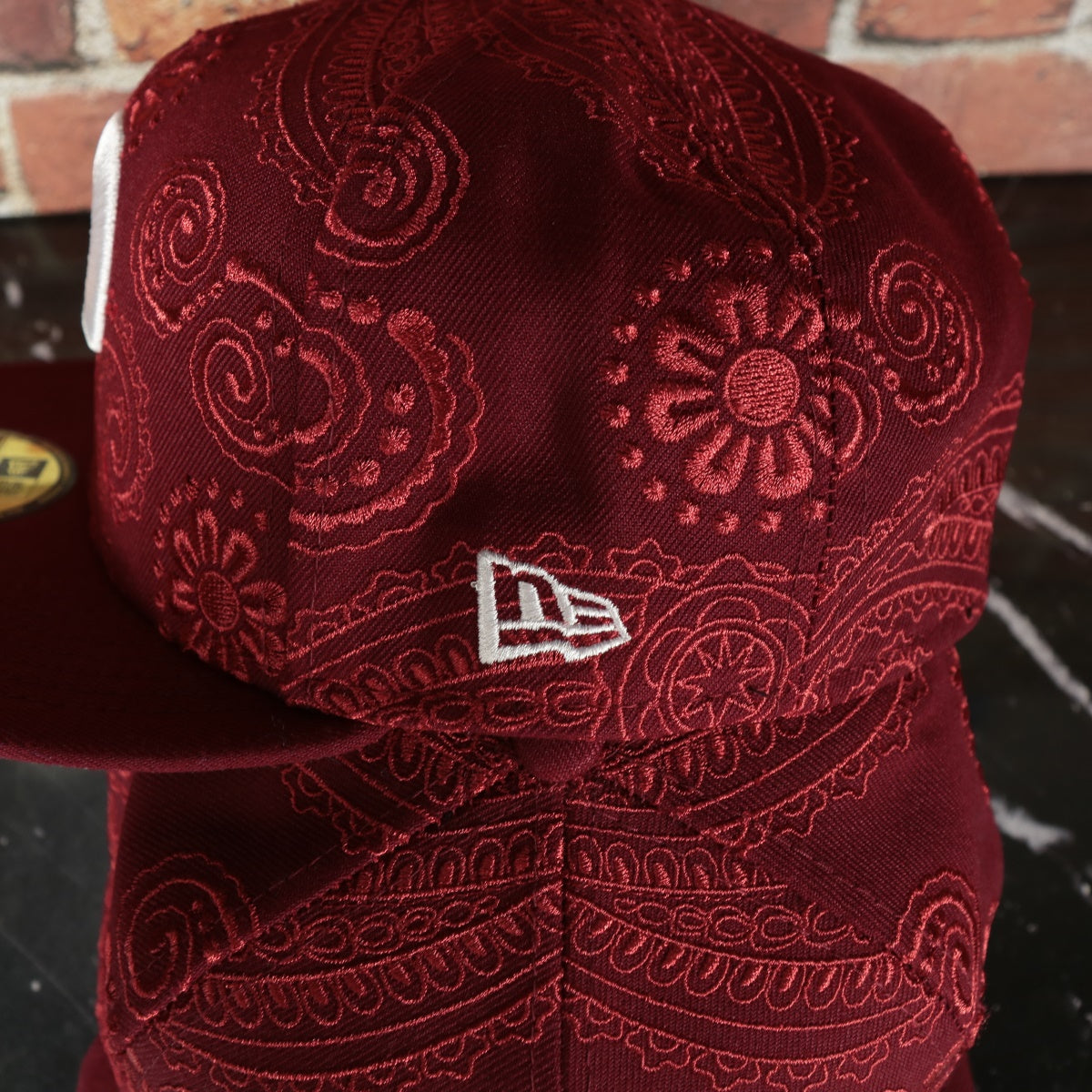 new era logo on the Philadelphia Phillies Paisley Bandana Print Embroidered 59Fifty Fitted Cap | New Era MLB Swirl 5950