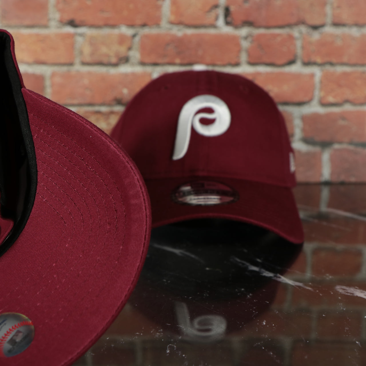 red under visor on the Cooperstown Philadelphia Phillies Core Classic Adjustable 9Twenty Dad Hat | Maroon 9twenty Hat