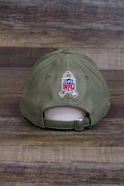 the back of the New York Giants 2019 Salute to Service Dad Hat | Olive Green NFL On Field NY Giants Baseball Cap has an adjustable belt buckle strap