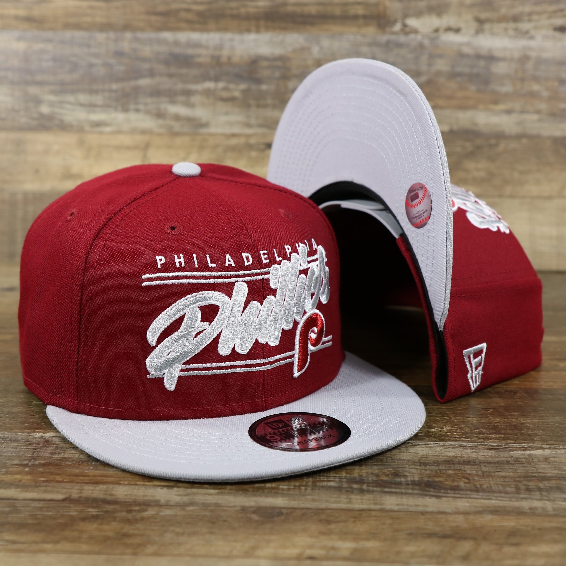 The Philadelphia Phillies Team Script Gray Bottom 9Fifty Snapback | Maroon And Grey Snap Cap