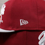 The New Era Logo on the Philadelphia Phillies Team Script Gray Bottom 9Fifty Snapback | Maroon And Grey Snap Cap