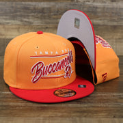 The Tampa Bay Buccaneers Team Script Gray Bottom 9Fifty Snapback | Orange And Red Snap Cap