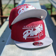 The Philadelphia Phillies Team Script Gray Bottom 9Fifty Snapback | Maroon And Grey Snap Cap
