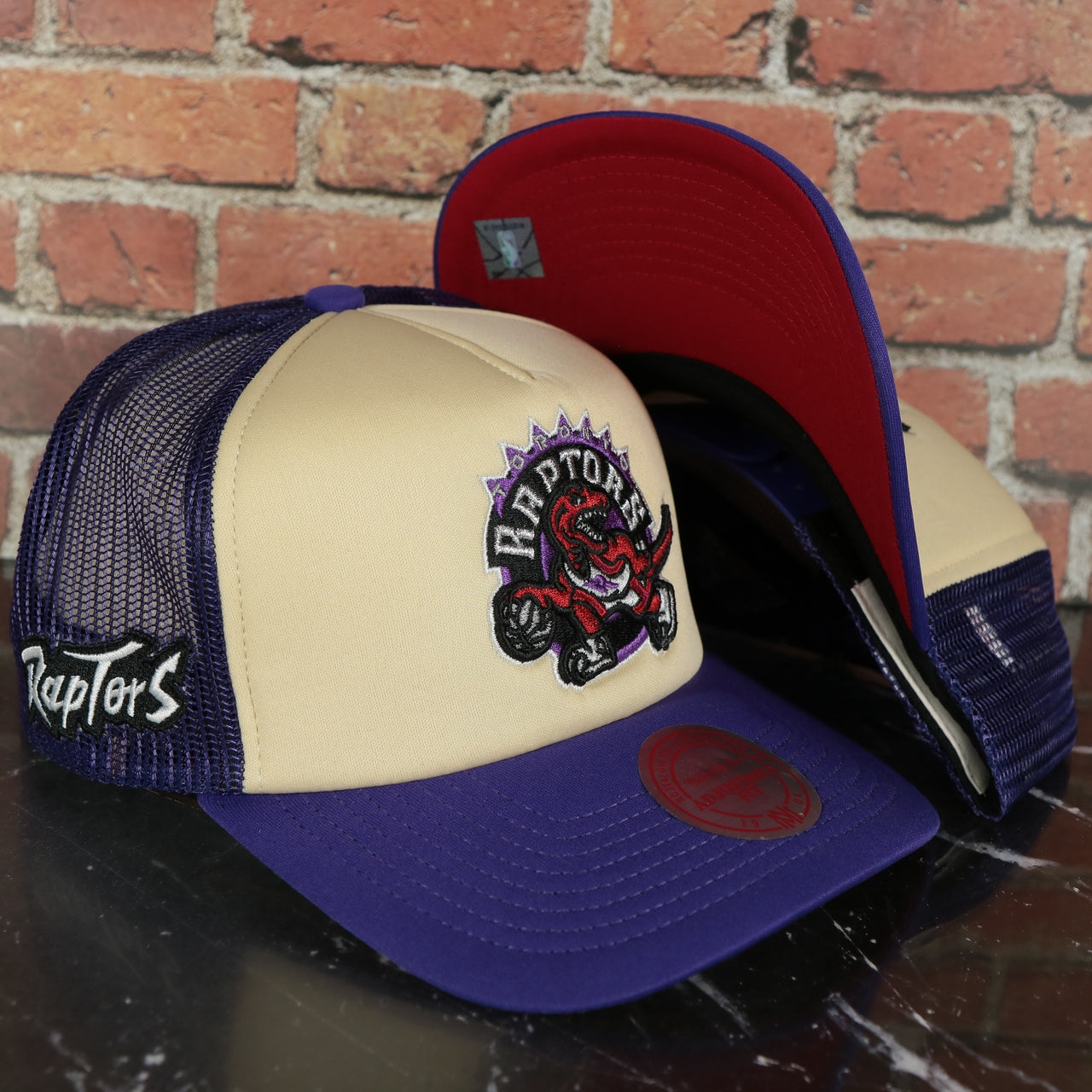 Toronto Raptors Vintage "Raptors" wordmark red Bottom 2-Tone Foam Trucker Hat | Purple/Off-White Mitchell and Ness Hat