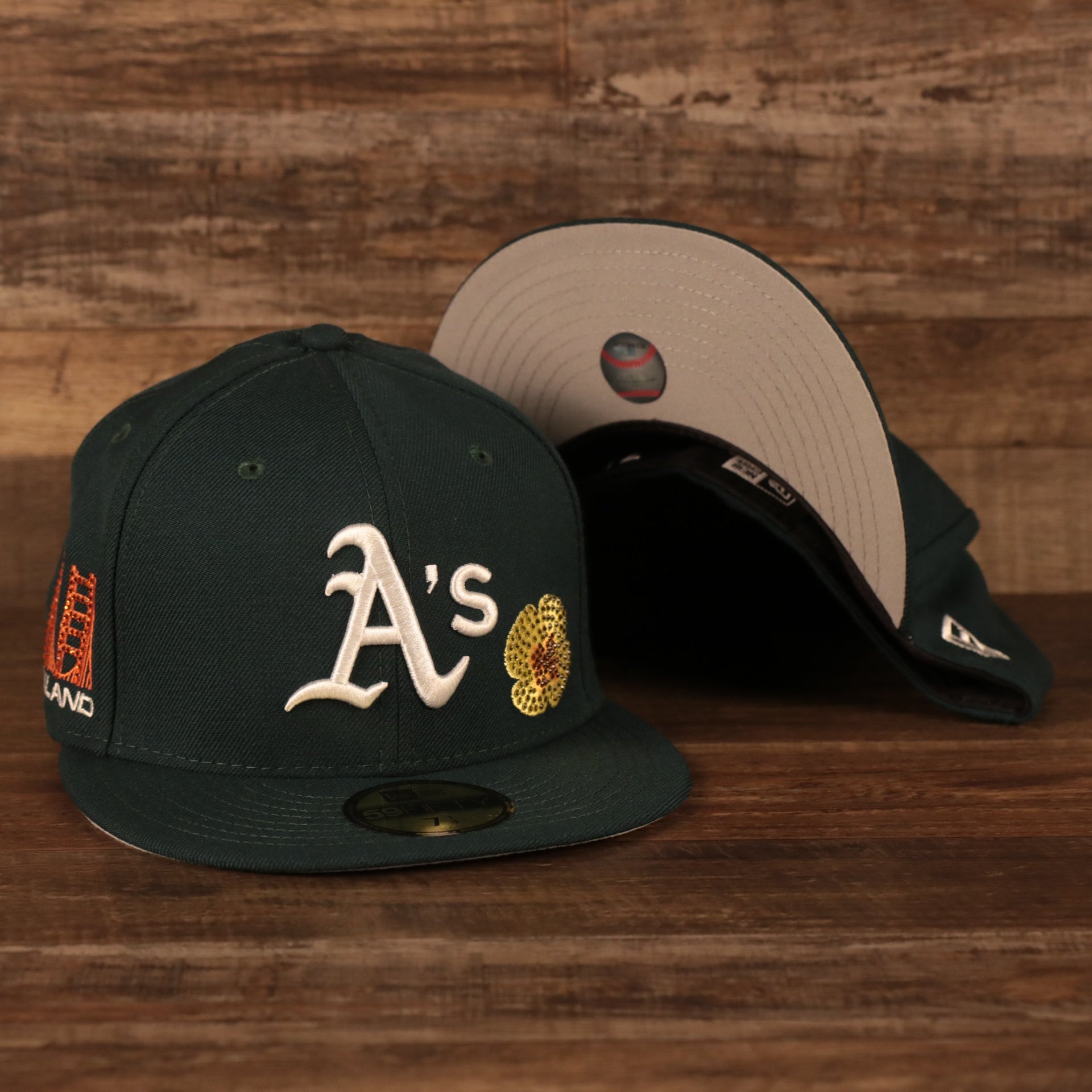 Oakland Athletics Iced Out Side Patch Flower Oakland Bridge Gray Bottom 59Fifty Fitted Cap