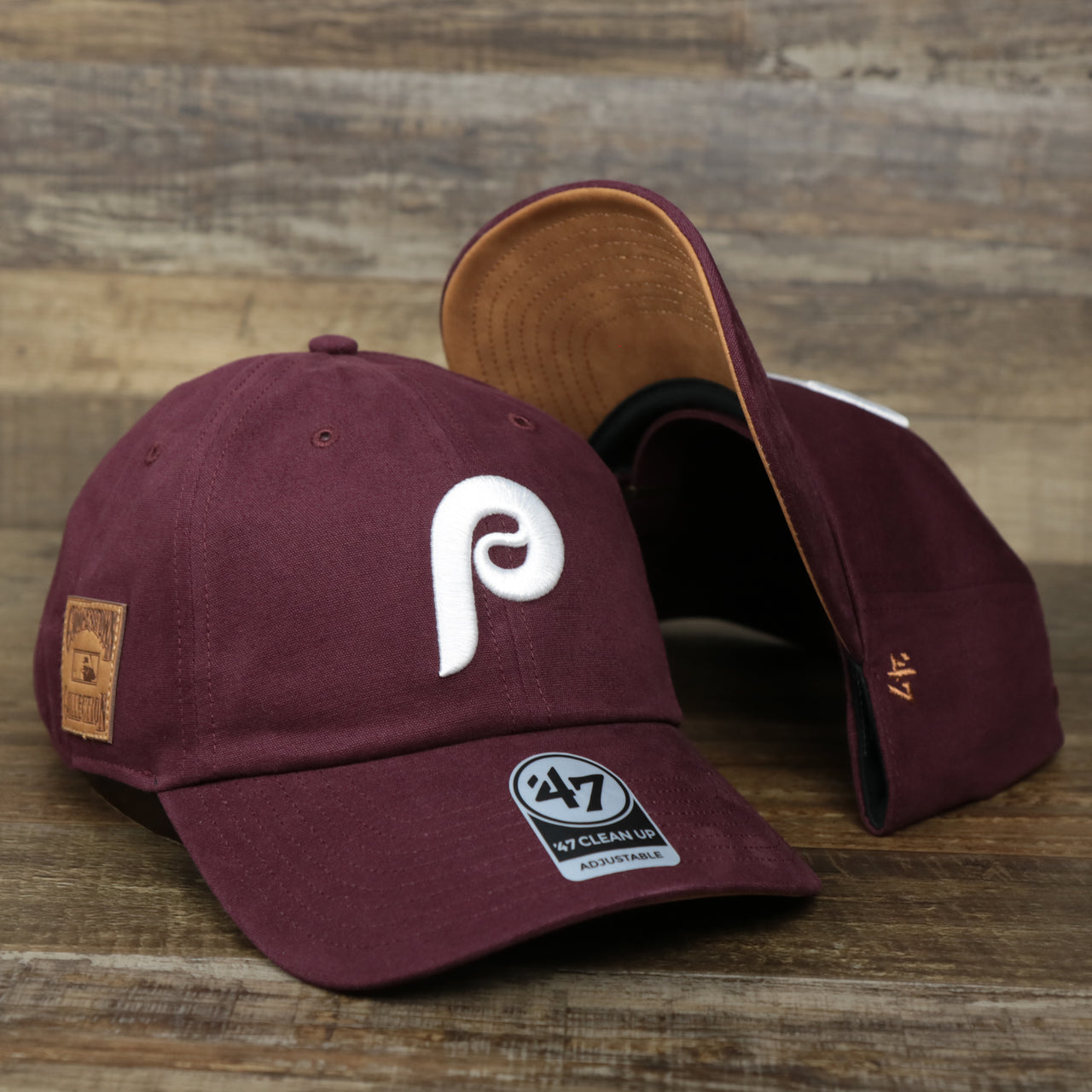 The Cooperstown Philadelphia Phillies Cooperstown Collection Side Patch Leather Brown Undervisor Dad Hat | Maroon Dad Hat