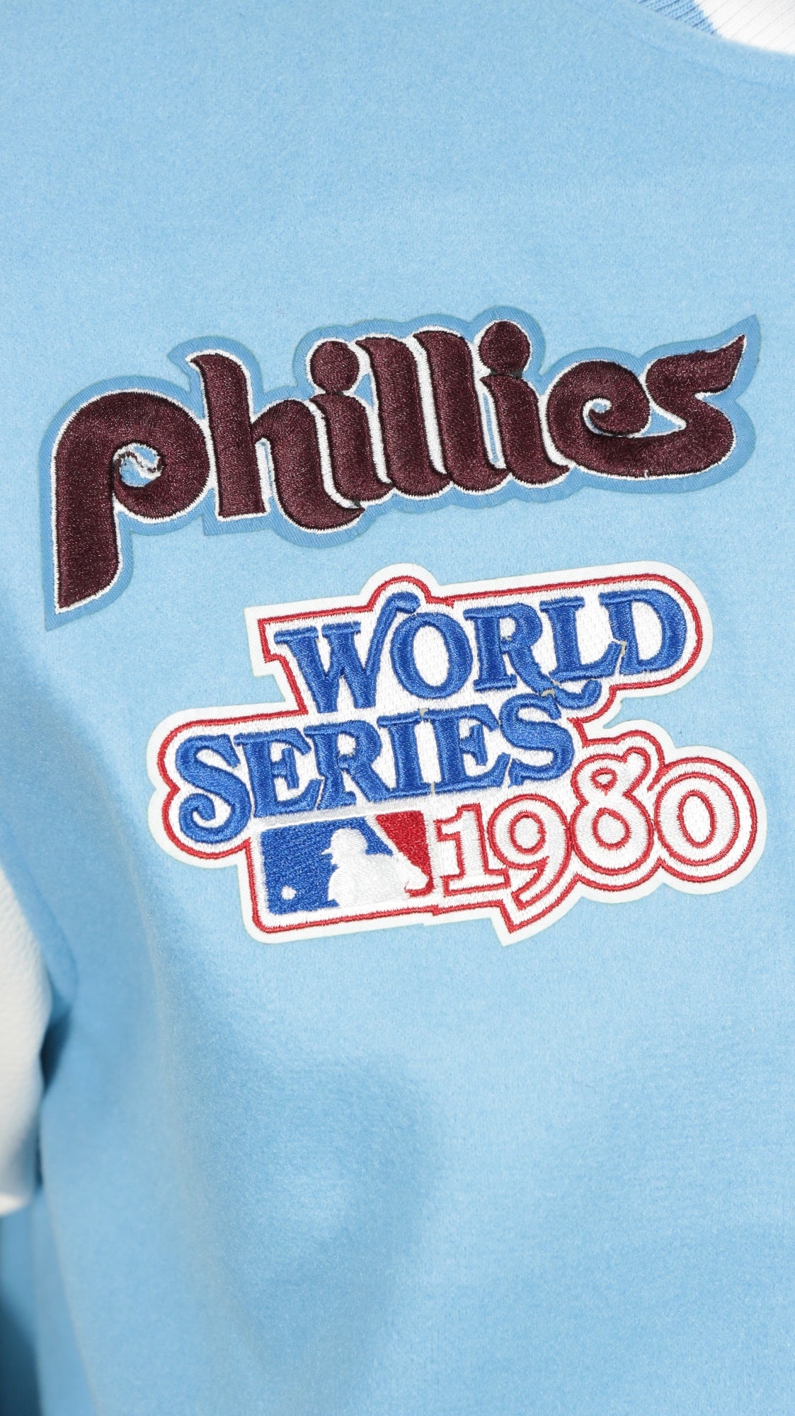 phillies 1980 word series patch on the Philadelphia Phillies Cooperstown Phillies City Hall Logo 1980 World Series Patch Retro Classic Rib | University Blue/White Wool Varsity Jacket