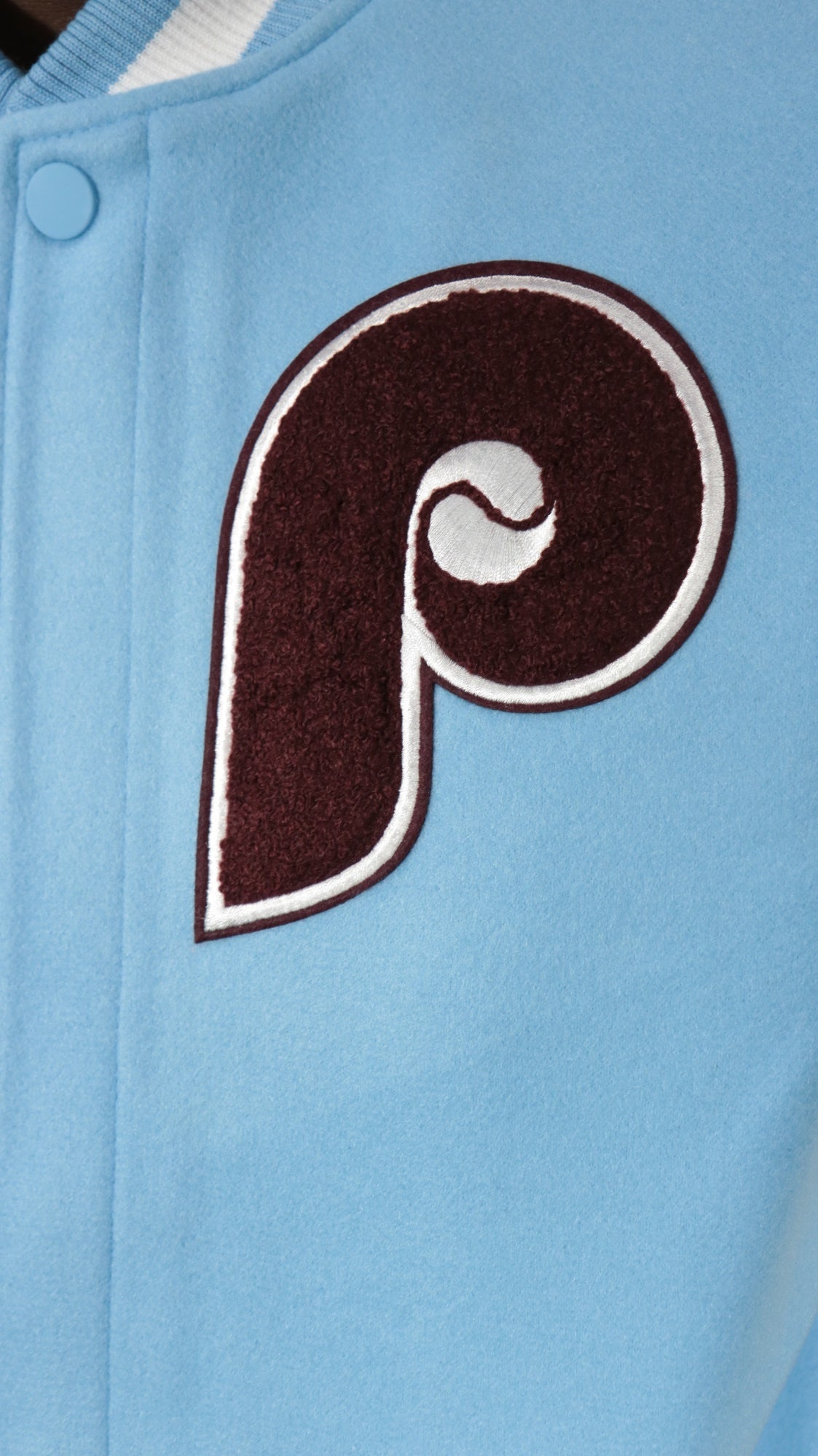 phillies logo on the Philadelphia Phillies Cooperstown Phillies City Hall Logo 1980 World Series Patch Retro Classic Rib | University Blue/White Wool Varsity Jacket