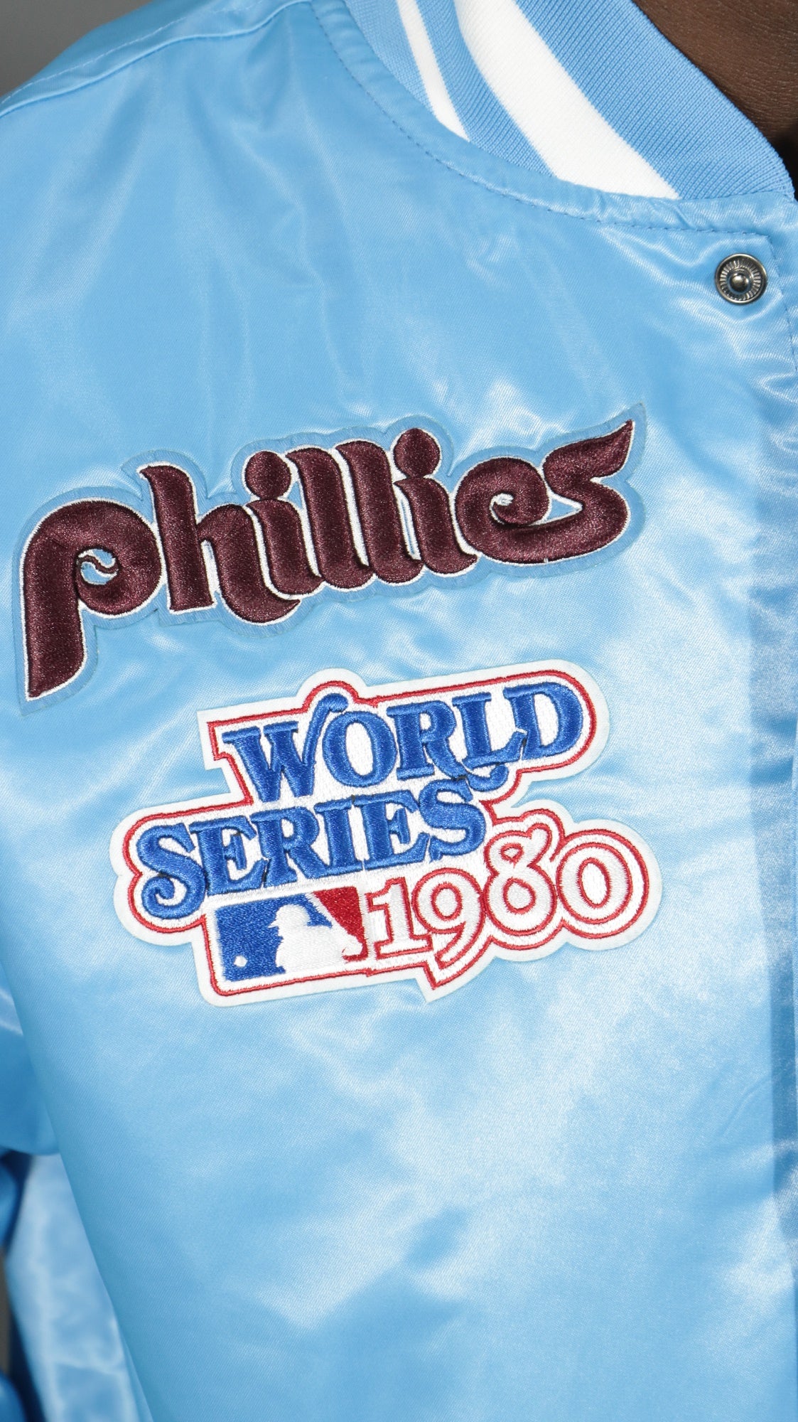 phillies 1980 world series patch on the Philadelphia Phillies Cooperstown Phillies City Hall Logo 1980 World Series Patch Retro Classic Rib | University Blue Satin Varsity Jacket