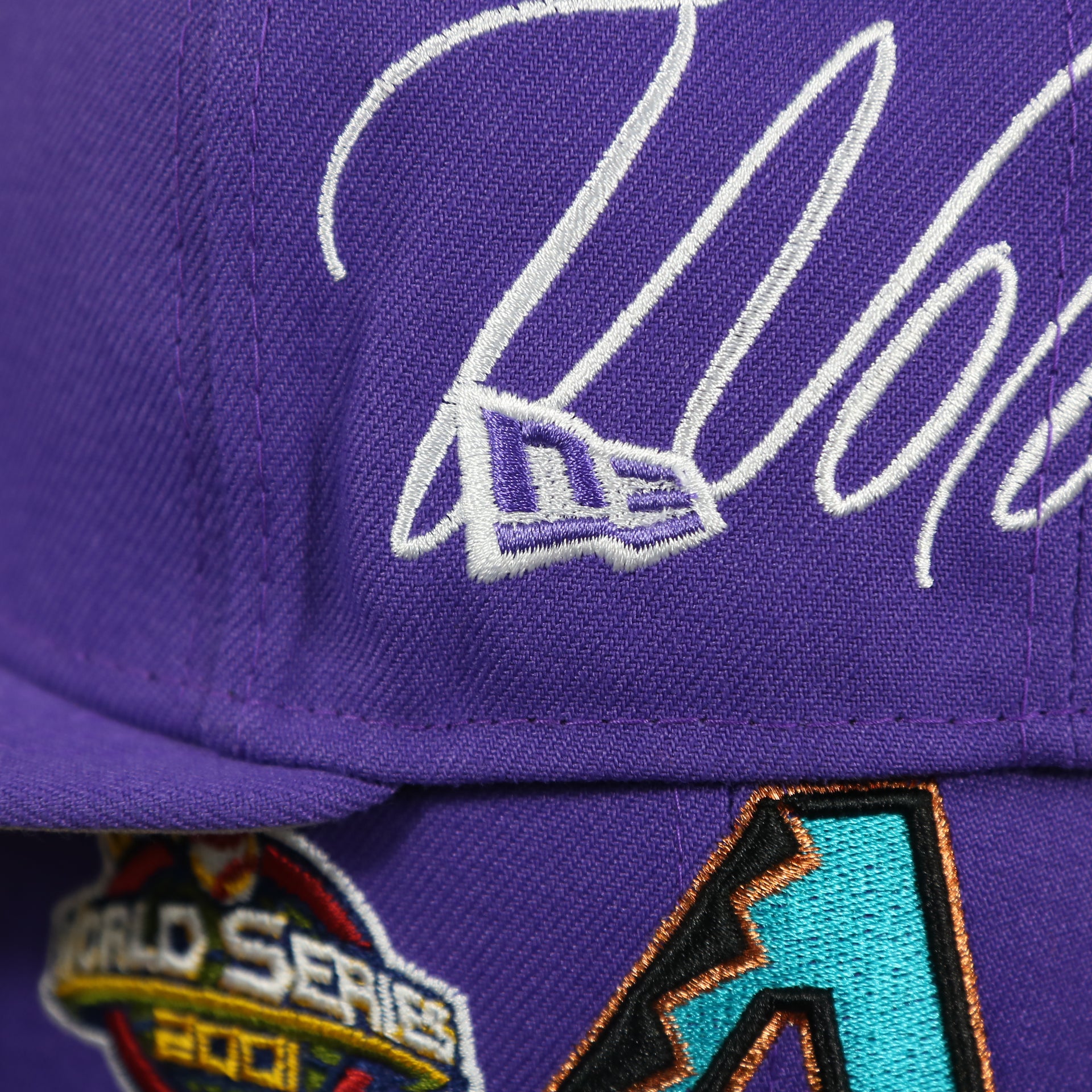 new era logo on the Arizona Diamondbacks Cooperstown All Over Side Patch "Historic Champs" Gray UV 59Fifty Fitted Cap | Purple 59Fifty Fitted Cap