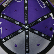 new era 59fifty taping on the Arizona Diamondbacks Cooperstown All Over Side Patch "Historic Champs" Gray UV 59Fifty Fitted Cap | Purple 59Fifty Fitted Cap