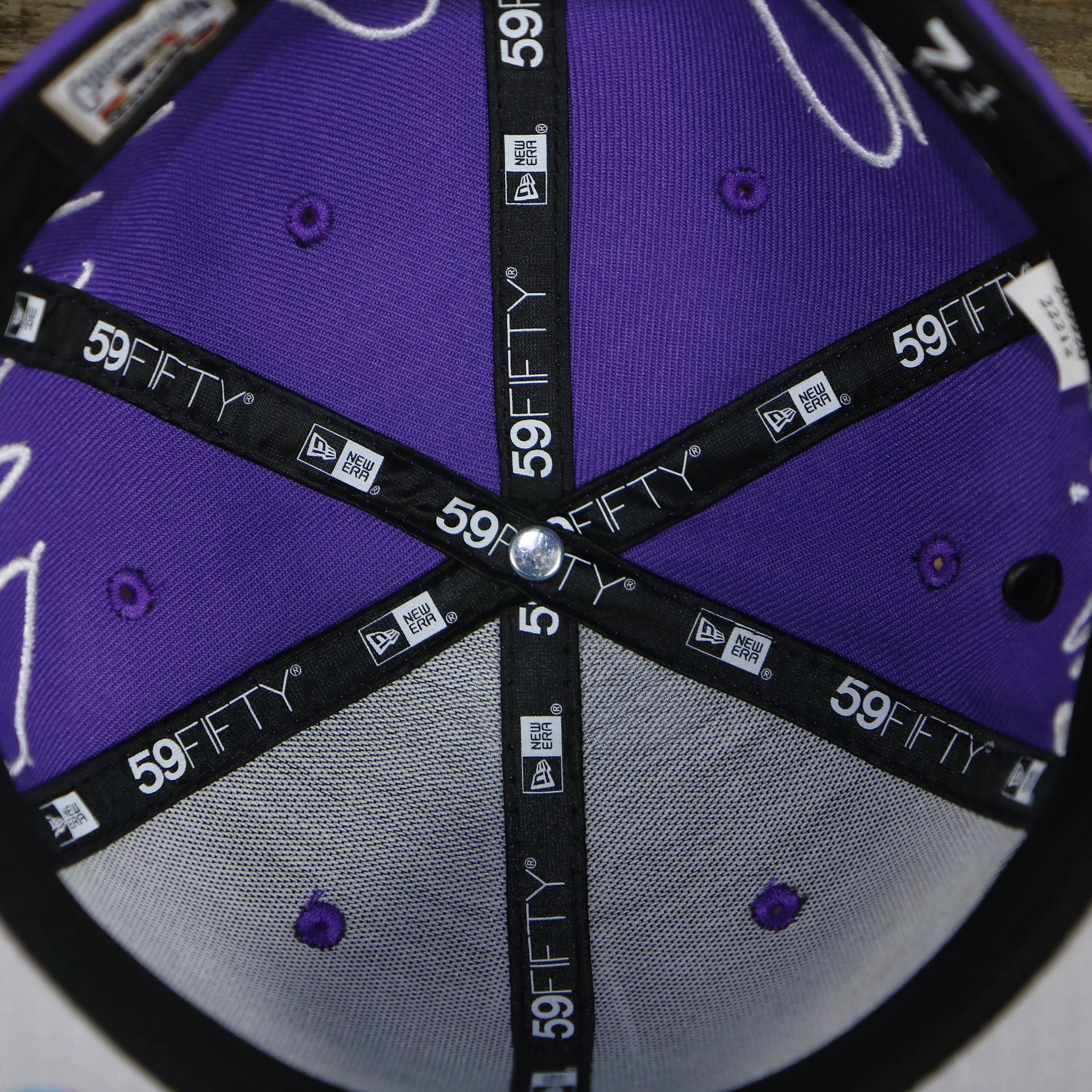 new era 59fifty taping on the Arizona Diamondbacks Cooperstown All Over Side Patch "Historic Champs" Gray UV 59Fifty Fitted Cap | Purple 59Fifty Fitted Cap