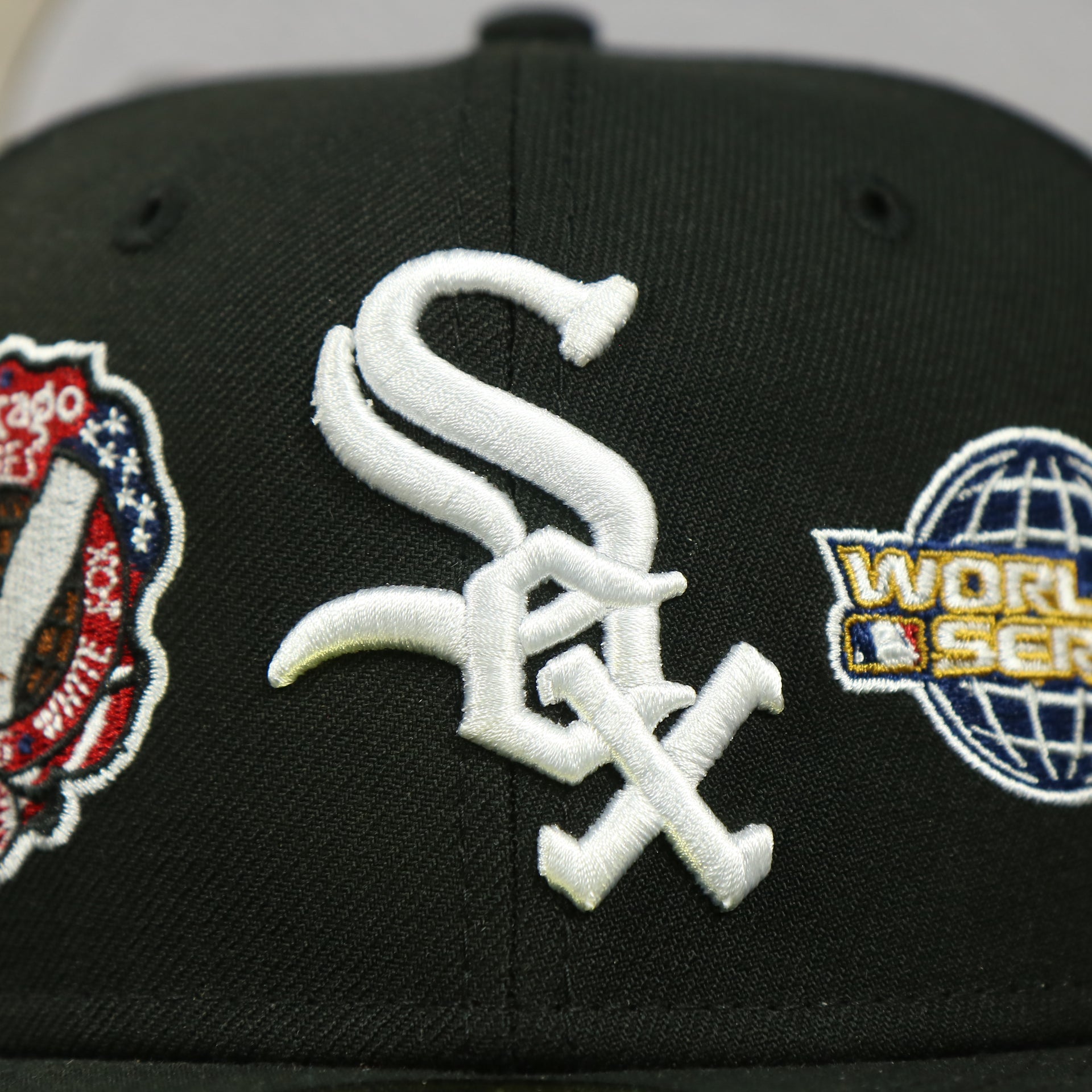white sox logo on the Chicago White Sox Cooperstown All Over Side Patch "Historic Champs" Gray UV 59Fifty Fitted Cap | Black 59Fifty Fitted Cap