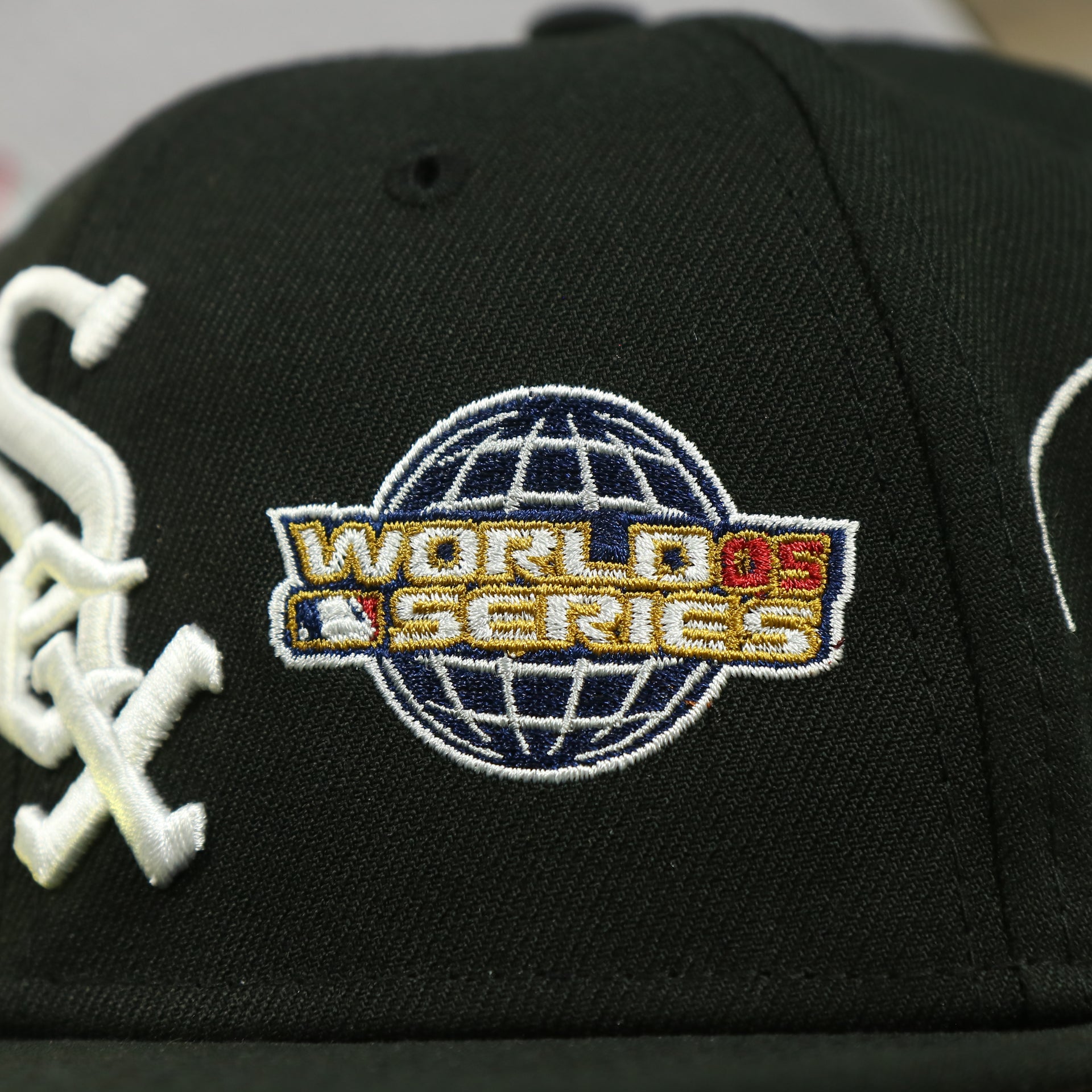 2005 world series patch on the Chicago White Sox Cooperstown All Over Side Patch "Historic Champs" Gray UV 59Fifty Fitted Cap | Black 59Fifty Fitted Cap