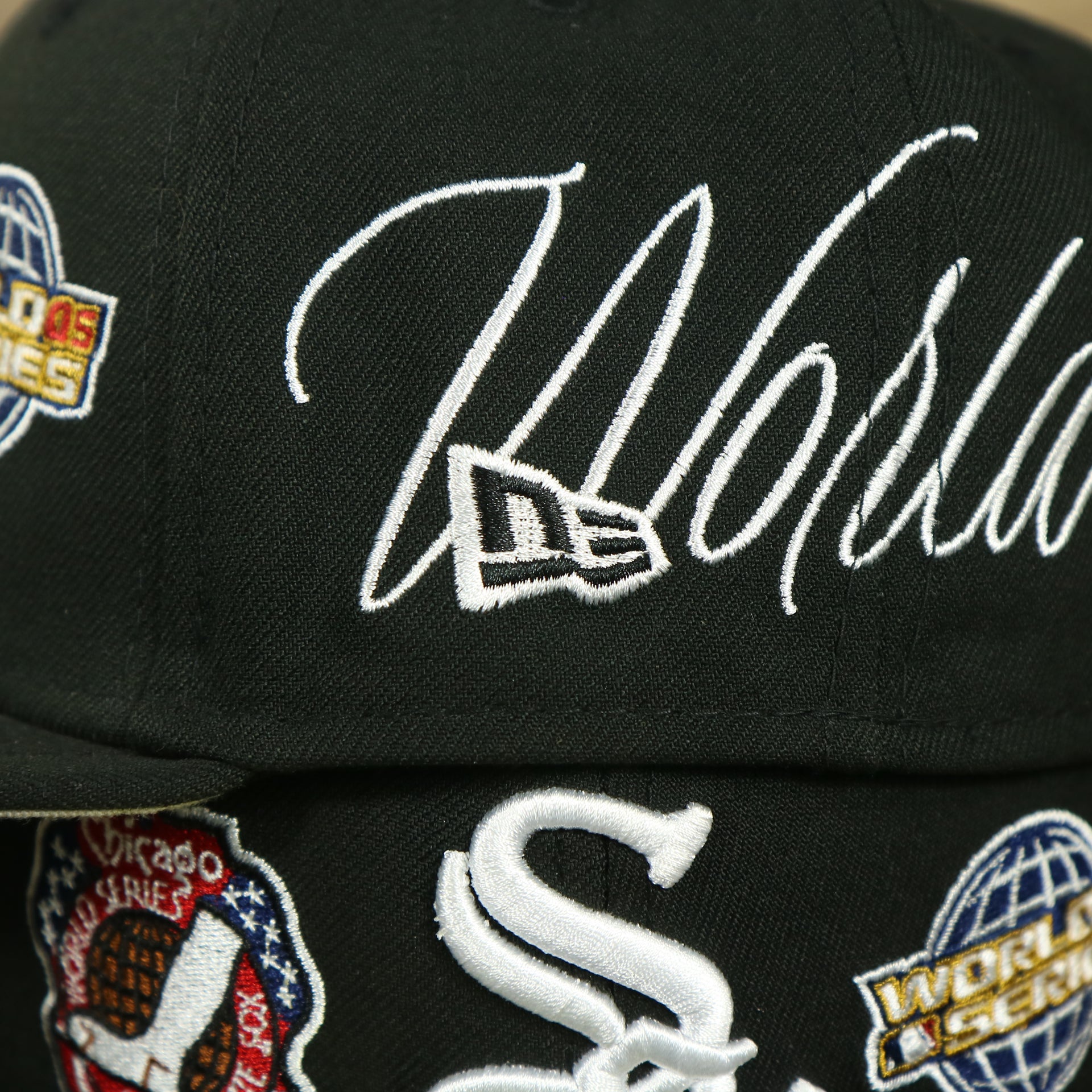 new era logo on the Chicago White Sox Cooperstown All Over Side Patch "Historic Champs" Gray UV 59Fifty Fitted Cap | Black 59Fifty Fitted Cap