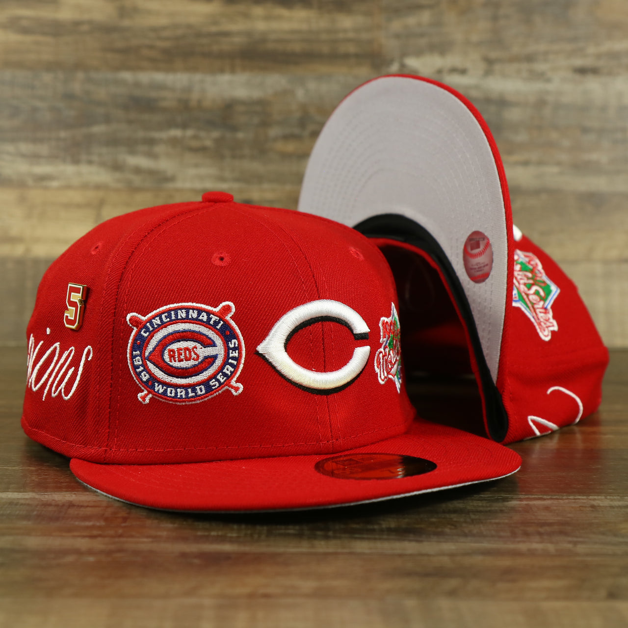 Cincinnati Reds Cooperstown All Over Side Patch "Historic Champs" Gray UV 59Fifty Fitted Cap | Reds 59Fifty Fitted Cap