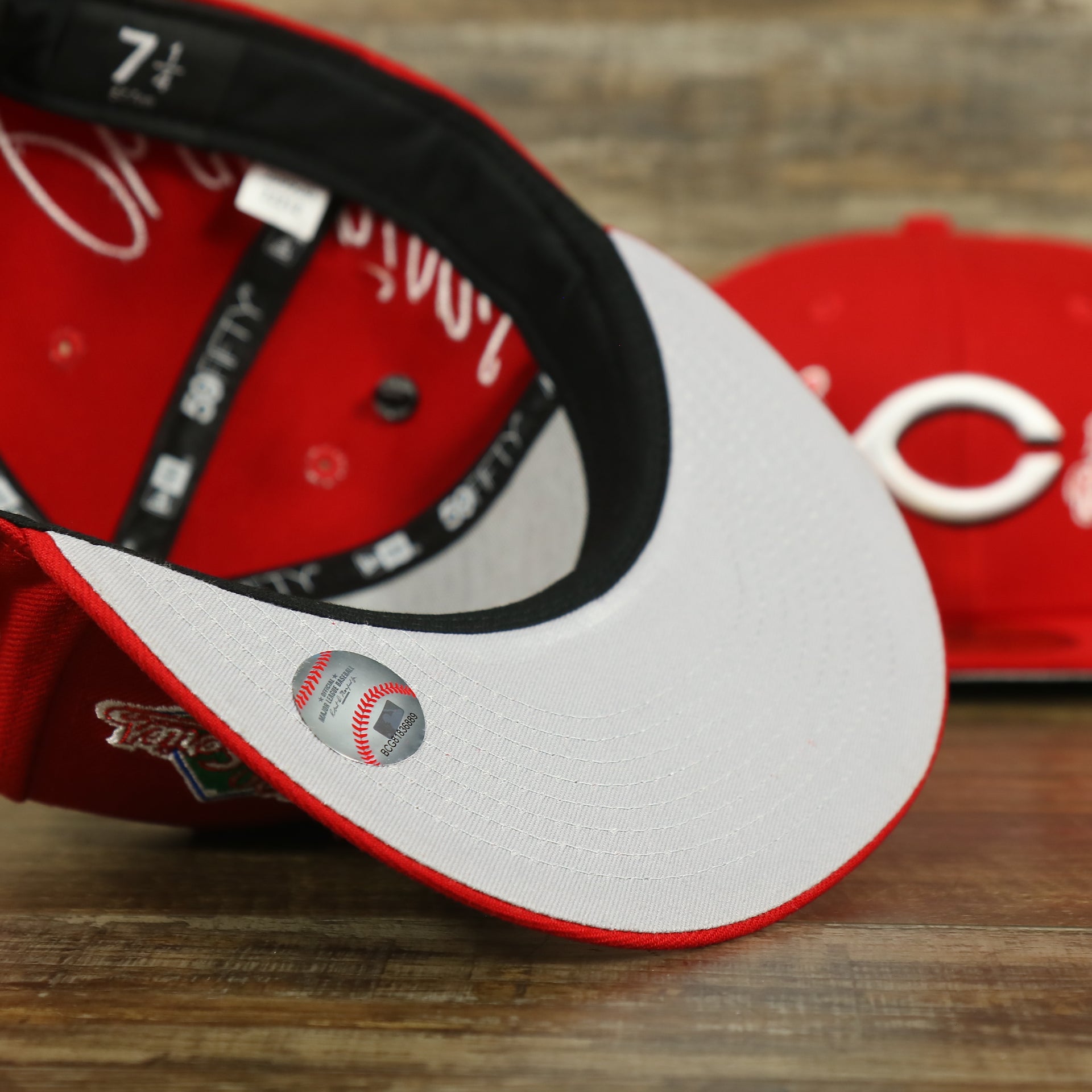 grey under visor of the Cincinnati Reds Cooperstown All Over Side Patch "Historic Champs" Gray UV 59Fifty Fitted Cap | Reds 59Fifty Fitted Cap