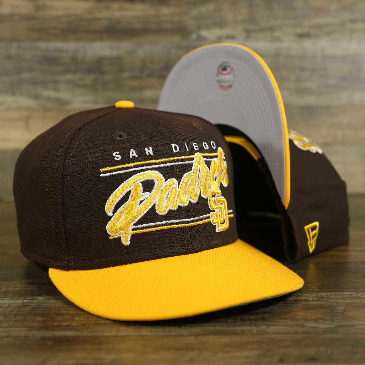 San Diego Padres "Team Script" College Bar 9Fifty Snapback Hat | Brown/Yellow Steelers 950 Snap Cap