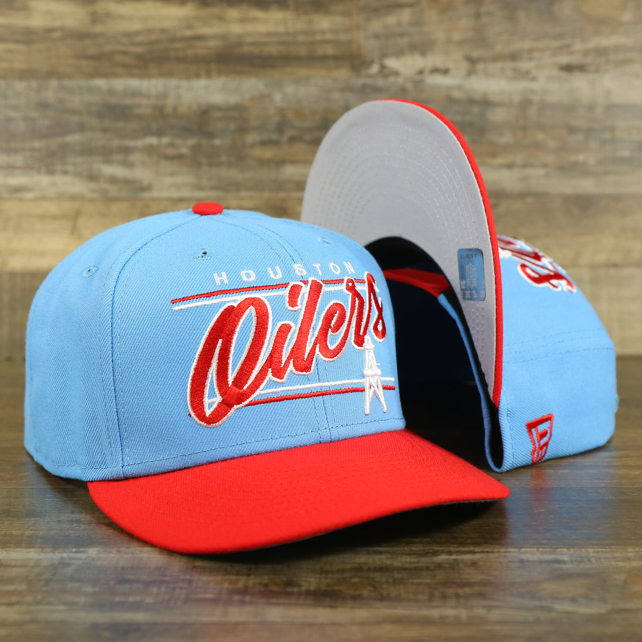Houston Oilers Vintage "Team Script" College Bar Gray UV 9Fifty Snapback | Light Blue/Rd 9Fifty Snapback Hat