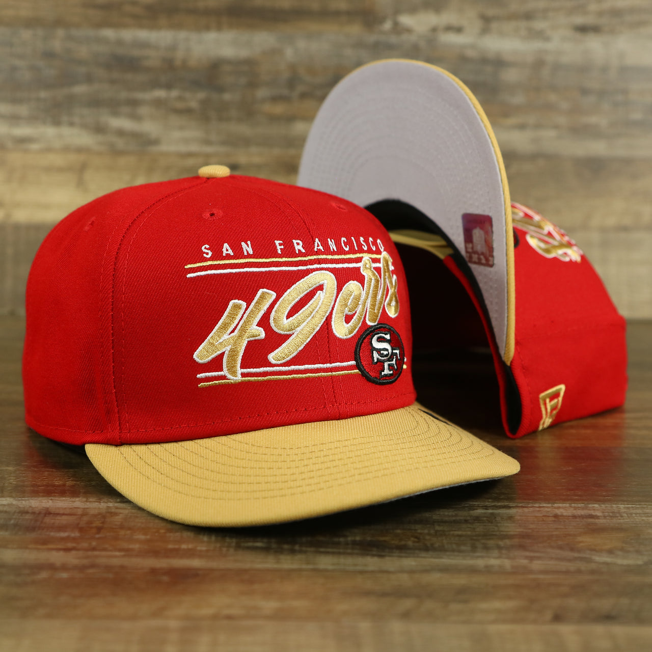 San Francisco 49ers Team Script College Bar 9Fifty Snapback Hat | Red/Tan 49ers 950 Snap Cap
