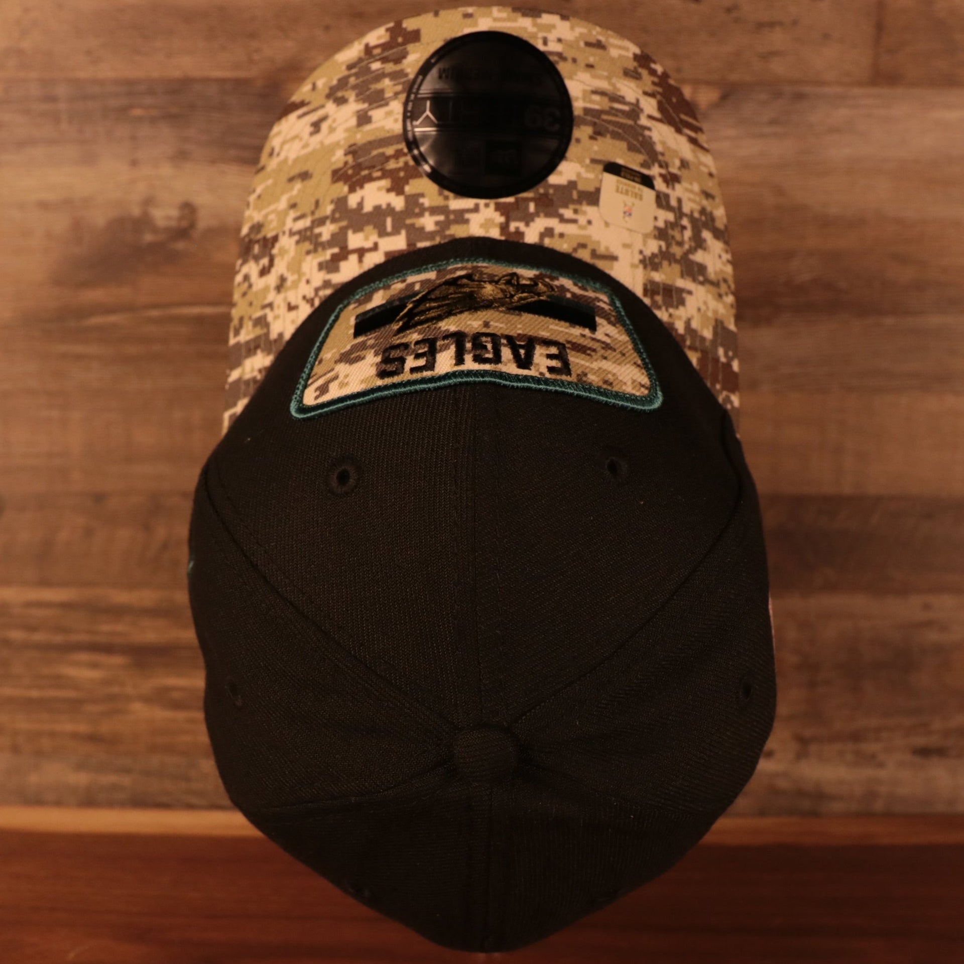 Top down view of the Philadelphia Eagles 2021 Salute To Service On Field Sideline 39Thirty Stretch Fit Hat