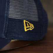 Close up of New Era logo on the Tampa Bay Rays 2022 MLB Batting Practice 9Twenty Trucker Dad Hat