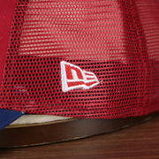 Close up of the New Era flag on the wearer's left of the Philadelphia Phillies 2022 MLB Batting Practice On-Field Spring Training 9Twenty Trucker Dad Hat