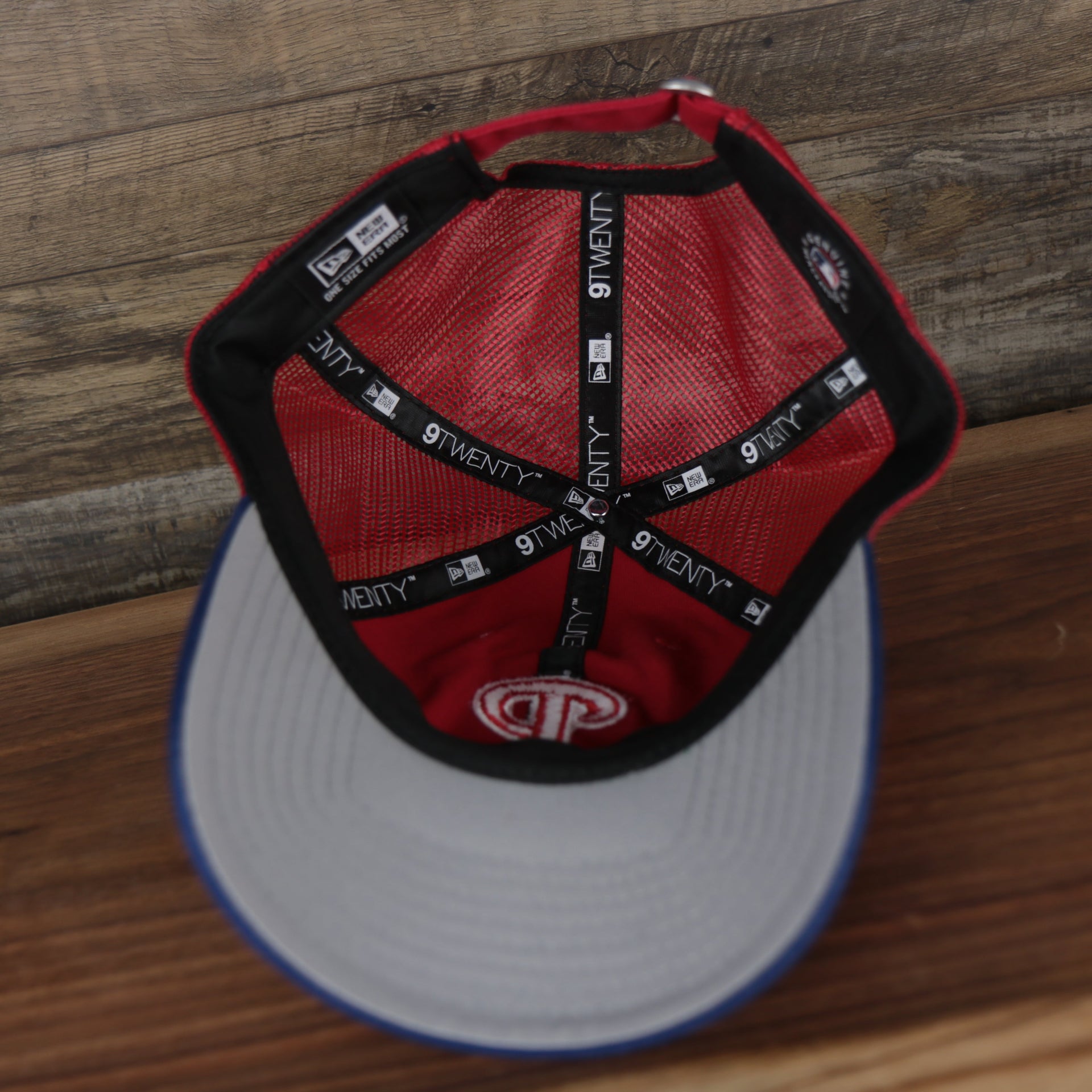 Grey under visor of the Philadelphia Phillies 2022 MLB Batting Practice On-Field Spring Training 9Twenty Trucker Dad Hat