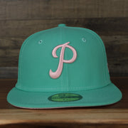 front of the Philadelphia Phillies 1952 Allstar Game Side Patch Pink Bottom 59Fifty Fitted Cap | Mint