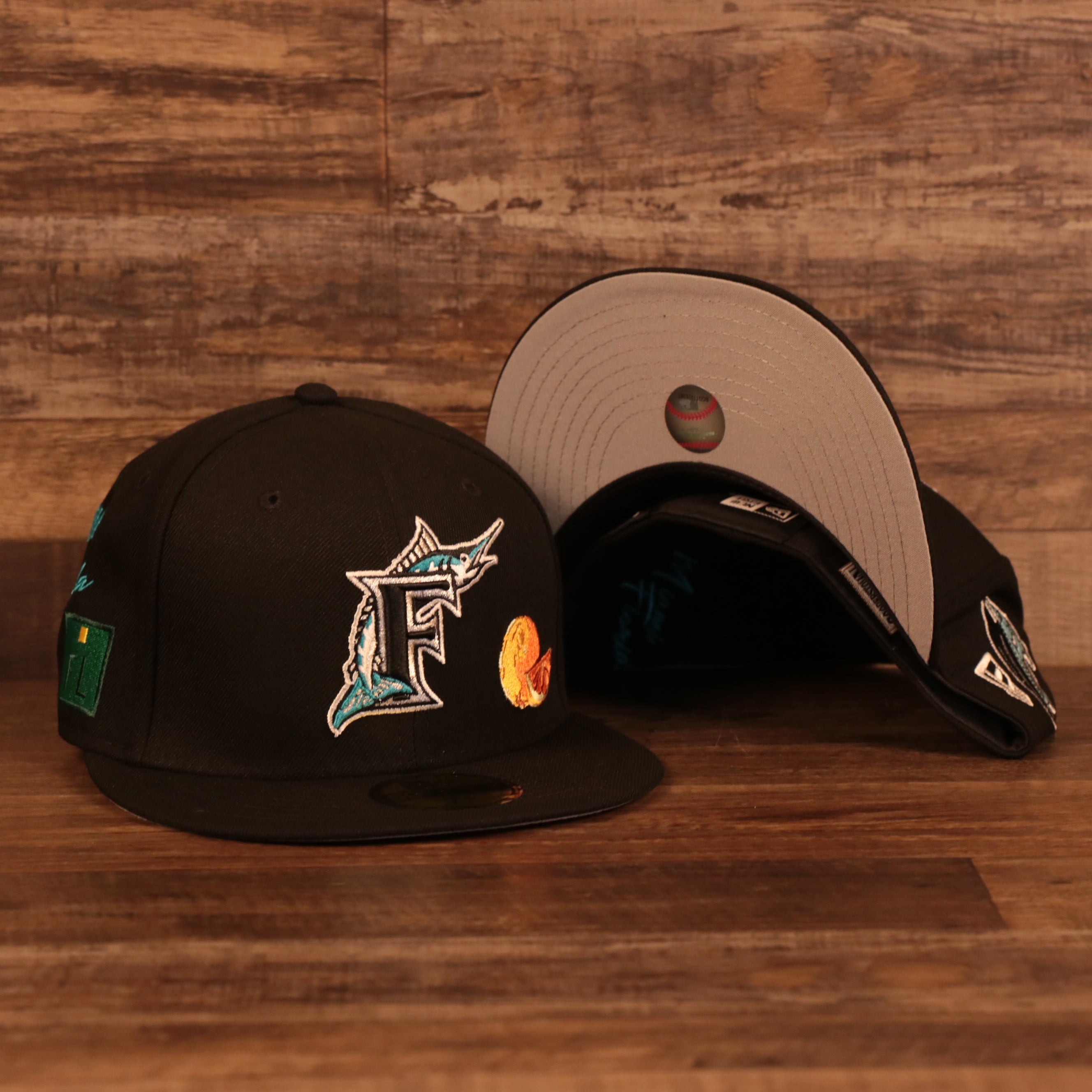 Florida Marlins New Era All Black/Gray Bottom Cooperstown Logo 59FIFTY  Fitted Hat