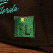 Close up of the FL sign on the Florida Marlins Cooperstown City Transit All Over Side Patch Gray Bottom 59Fifty Fitted Cap