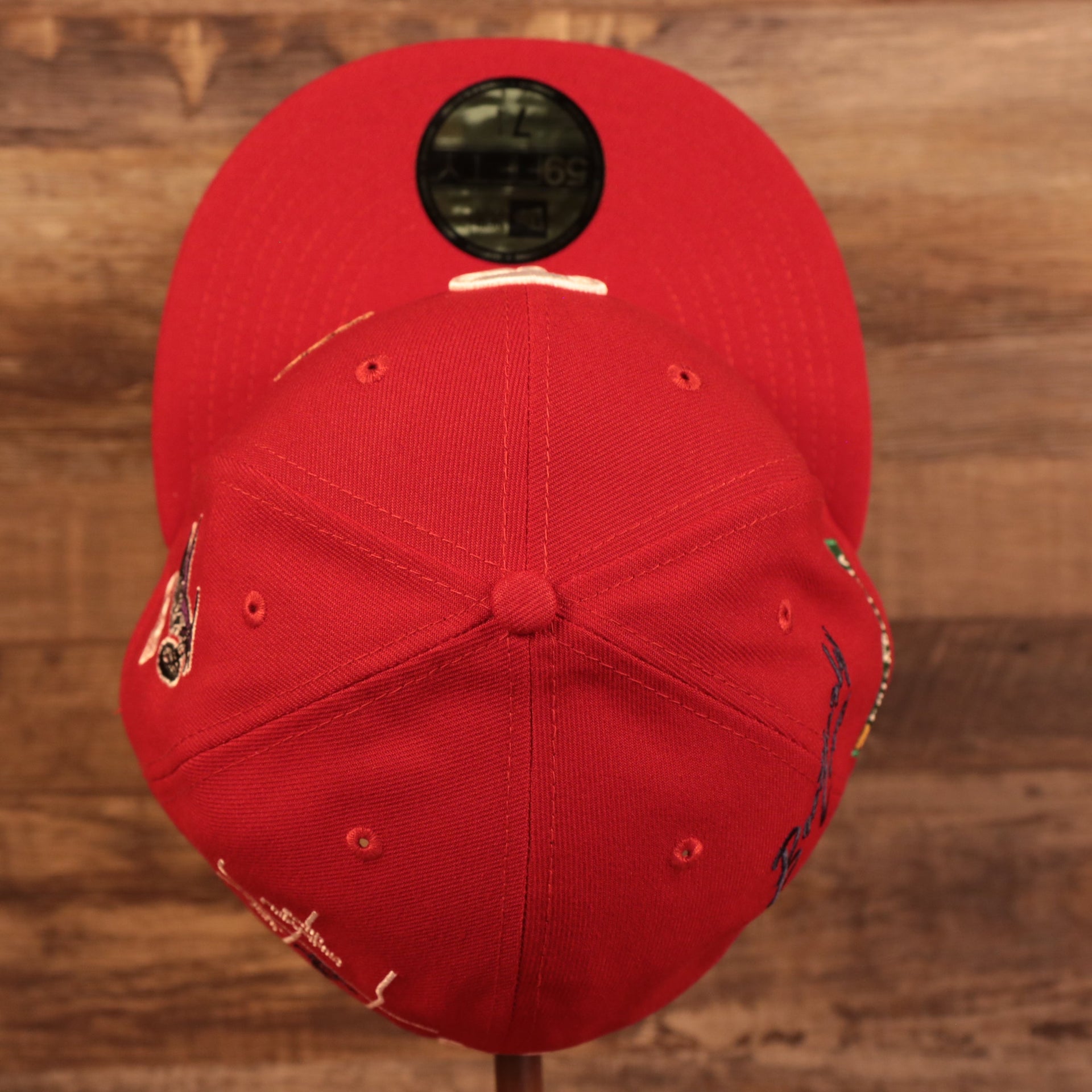 Top down view of the Philadelphia Phillies City Transit All Over Side Patch Gray Bottom 59Fifty Fitted Cap