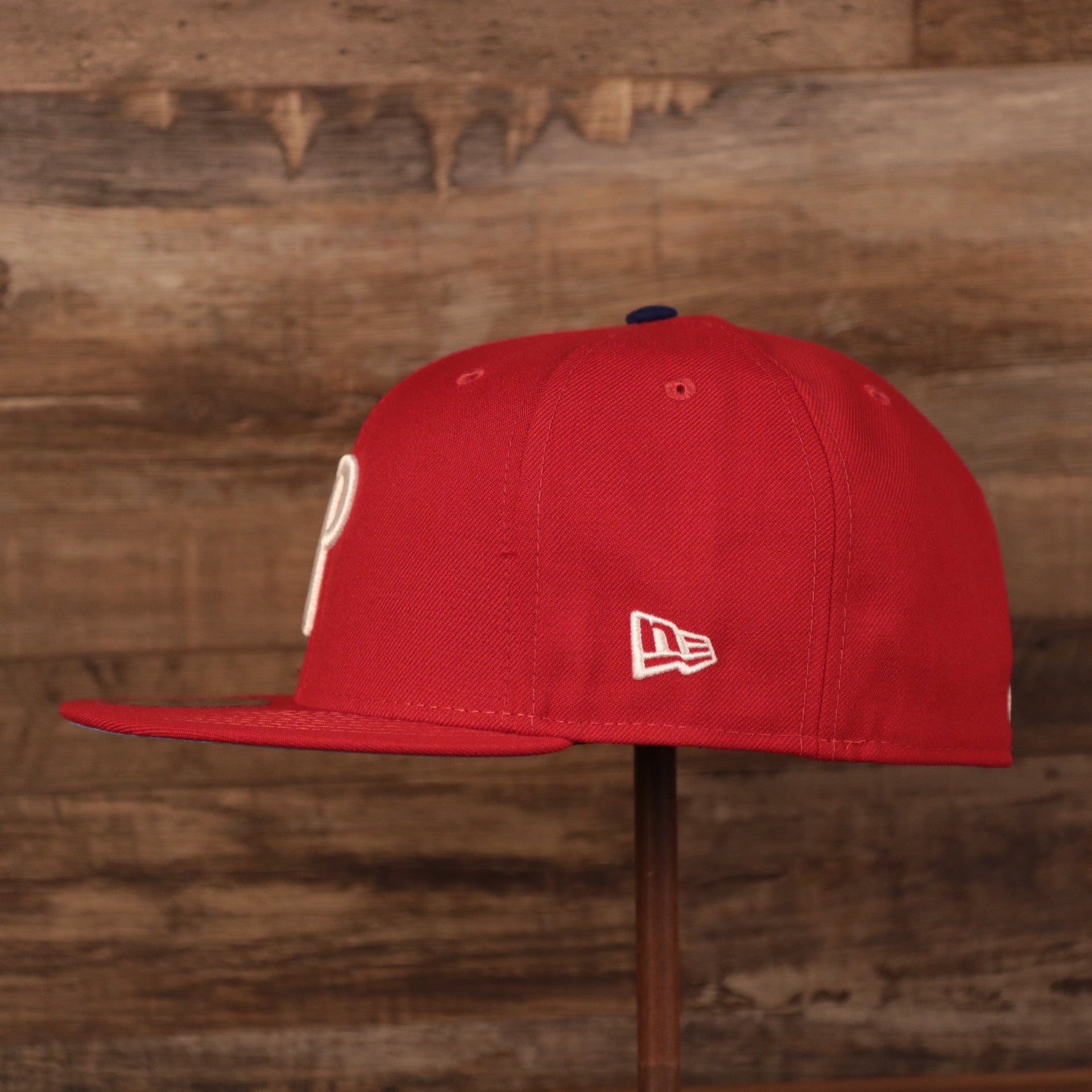 Wearer's left of the Philadelphia Phillies 1996 All Star Game Crystal Side Patch Icy Blue Bottom 59Fifty Fitted Cap