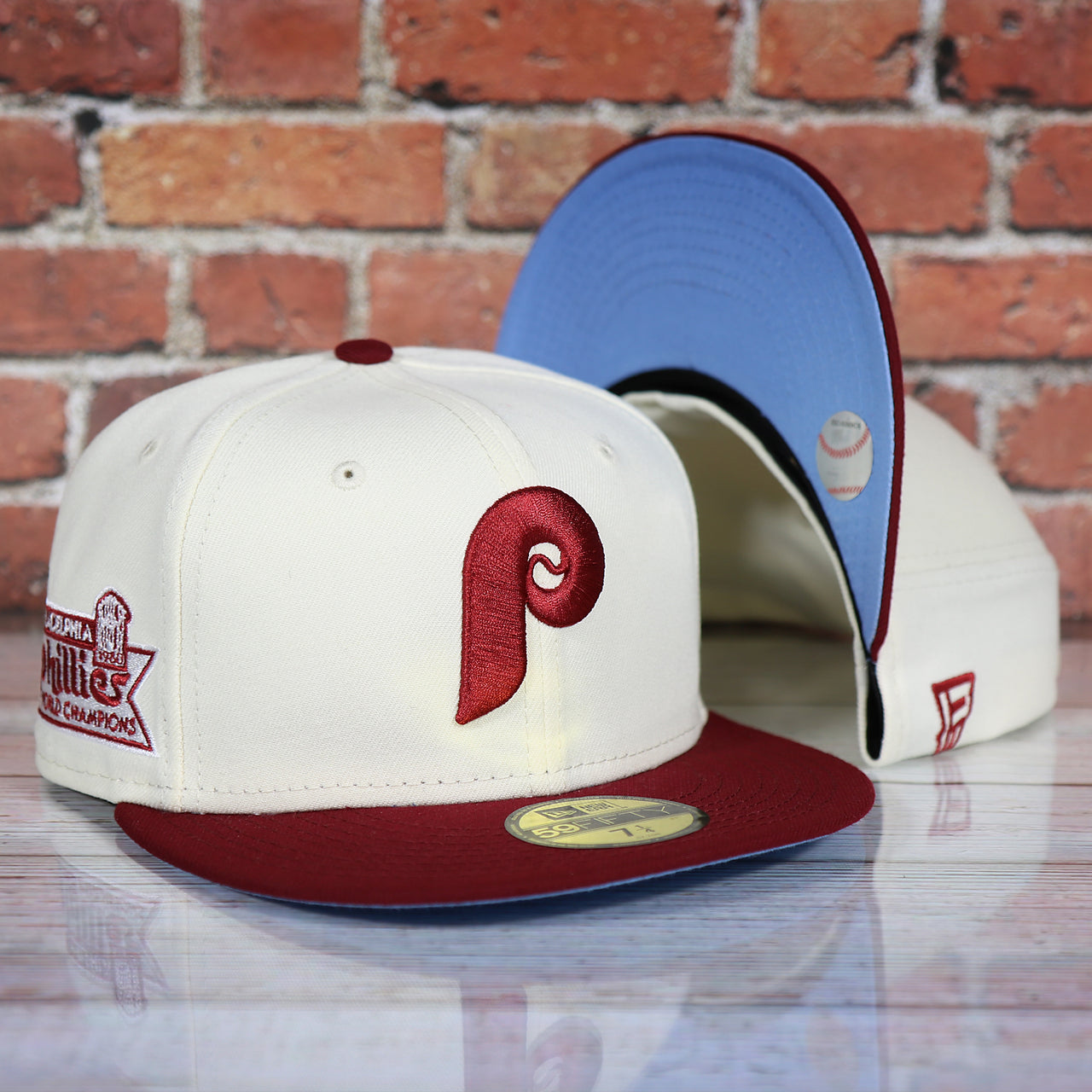 Philadelphia Phillies Cooperstown Retro Logo 1980 World Series Champion Side Patch Grey UV 59Fifty Fitted Cap | Chrome/Maroon Cap Swag Exclusive