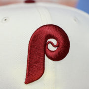 Close up of the front logo on the Philadelphia Phillies Cooperstown Retro Logo 1980 World Series Champion Side Patch Grey UV 59Fifty Fitted Cap | Chrome/Maroon Cap Swag Exclusive