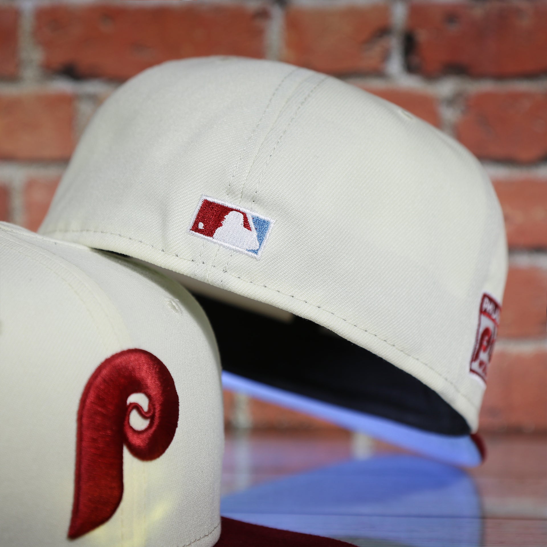 Back of the Philadelphia Phillies Cooperstown Retro Logo 1980 World Series Champion Side Patch Grey UV 59Fifty Fitted Cap | Chrome/Maroon Cap Swag Exclusive