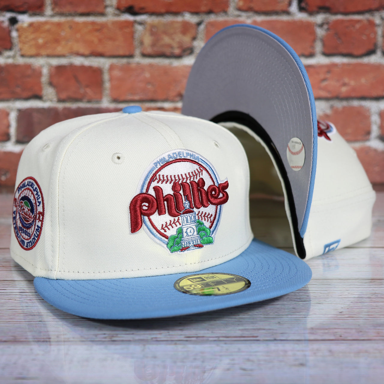 Philadelphia Phillies Cooperstown City Hall Logo Veterans Stadium Side Patch Grey UV 59Fifty Fitted Cap | Chrome/Powder Blue nohiosafariclub Exclusive