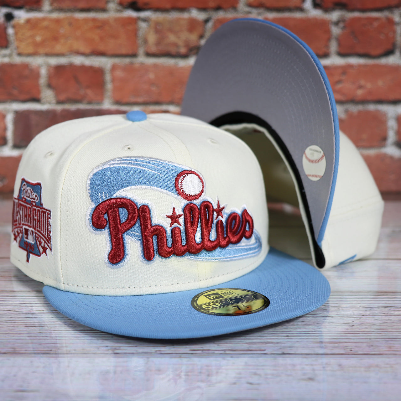 Philadelphia Phillies Cooperstown Jersey Script Wordmark 1996 All Star Game Side Patch Grey UV 59Fifty Fitted Cap | Chrome/Powder Blue nohiosafariclub Exclusive