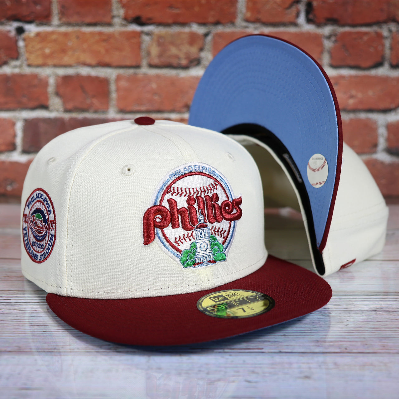 Philadelphia Phillies Cooperstown City Hall Logo Veterans Stadium Side Patch Powder Blue UV 59Fifty Fitted Cap | Chrome/Maroon Cap Swag Exclusive