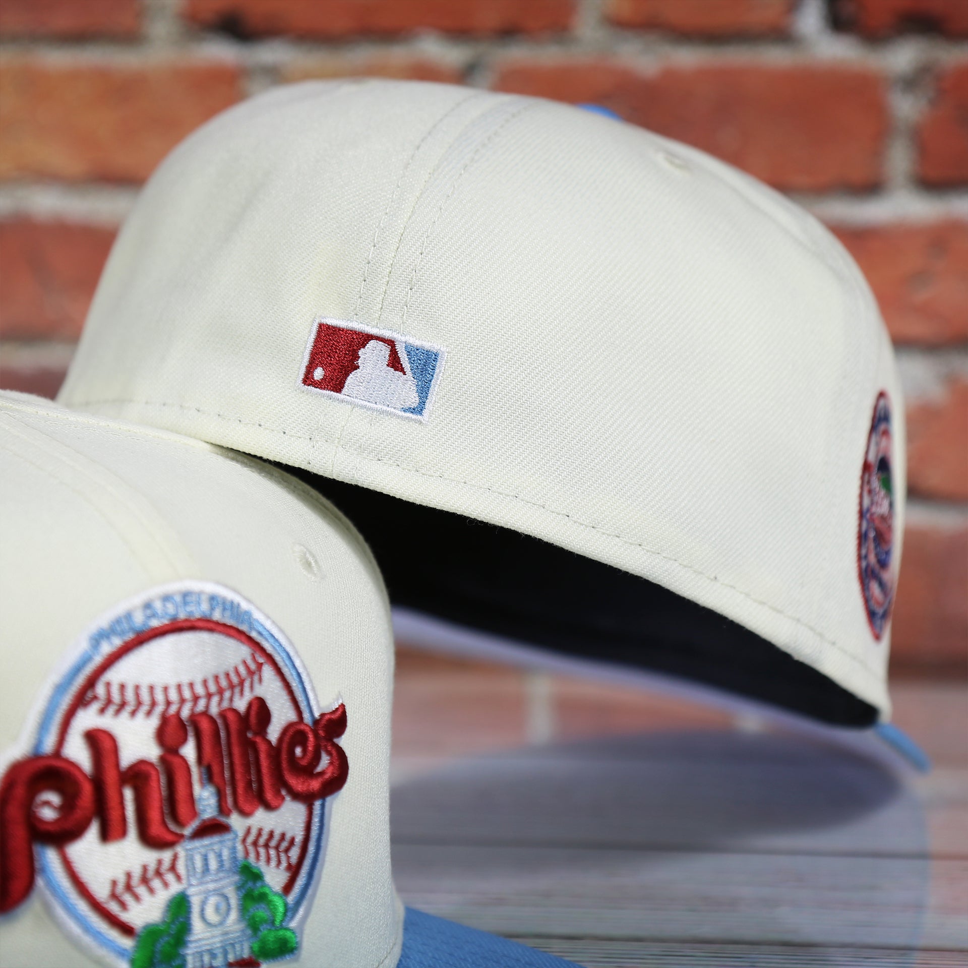 Back of the Philadelphia Phillies Cooperstown City Hall Logo Veterans Stadium Side Patch Grey UV 59Fifty Fitted Cap | Chrome/Powder Blue Cap Swag Exclusive