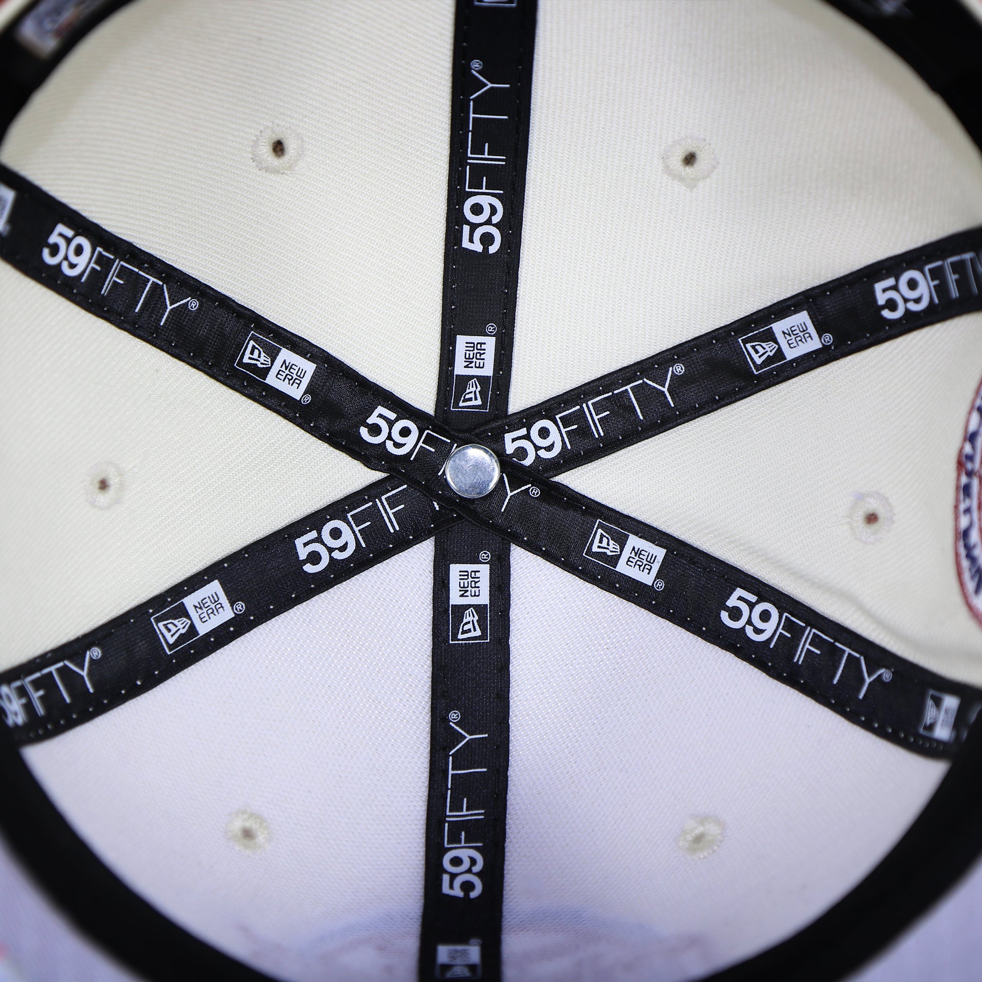 Taping on the interior of the Philadelphia Phillies Cooperstown Jersey Script Wordmark 1996 All Star Game Side Patch Grey UV 59Fifty Fitted Cap | Chrome/Powder Blue Cap Swag Exclusive