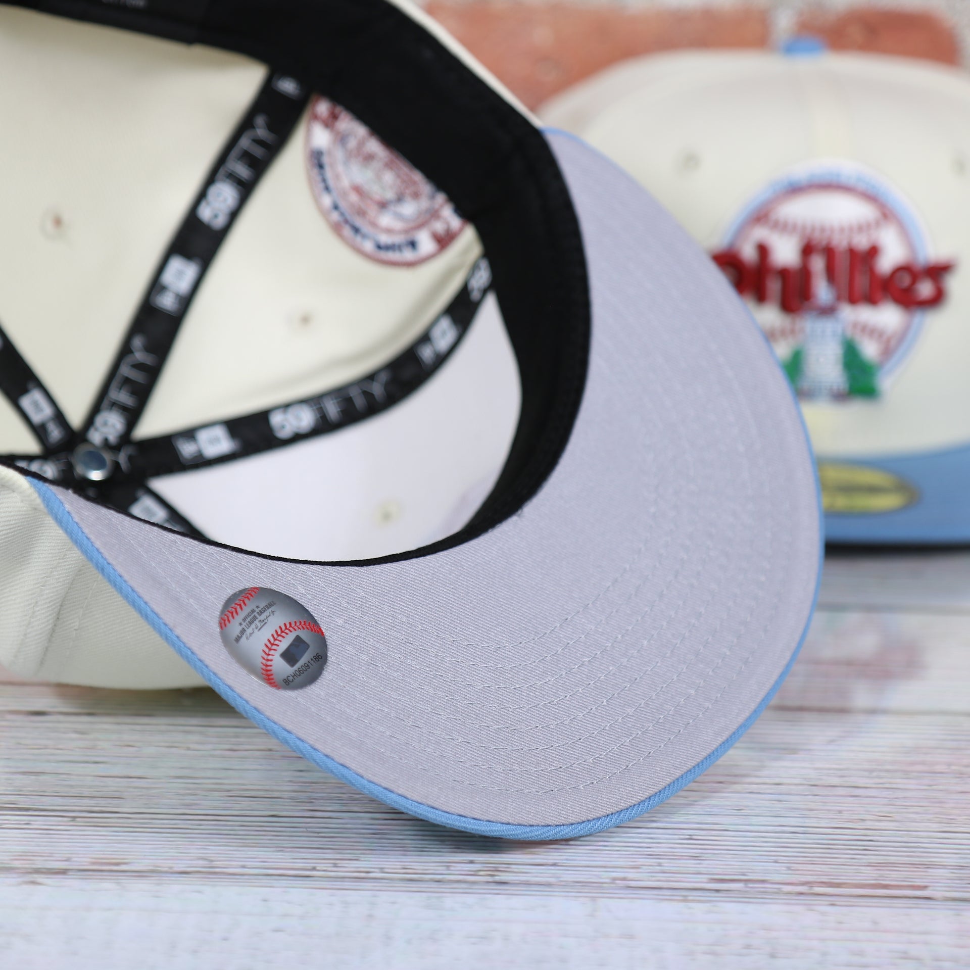 Grey under visor of the Philadelphia Phillies Cooperstown City Hall Logo Veterans Stadium Side Patch Grey UV 59Fifty Fitted Cap | Chrome/Powder Blue nohiosafariclub Exclusive